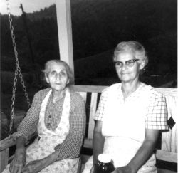 Florence Shiflett and Frankie Morris on porch swing